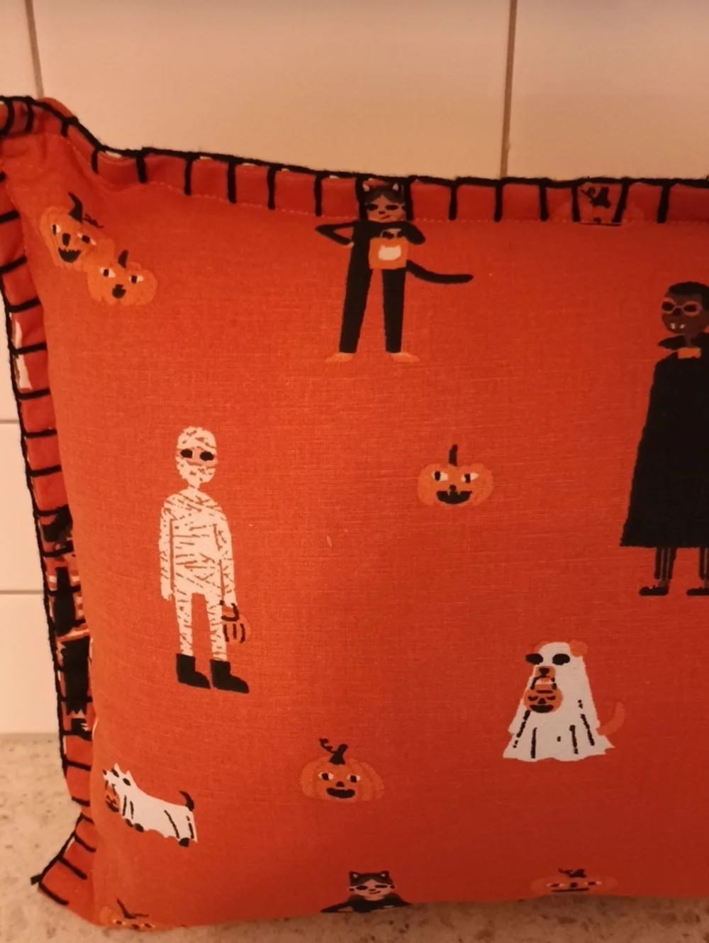 Halloween Orange Decorative Pillow with Spooky Character Print